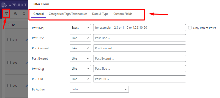 Filter form tool in WordPress posts/pages bulk edit plugin