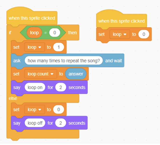 Scratch code toggling a loop on sprite click, asking repeat count, setting loop state, and showing loop on or off messages