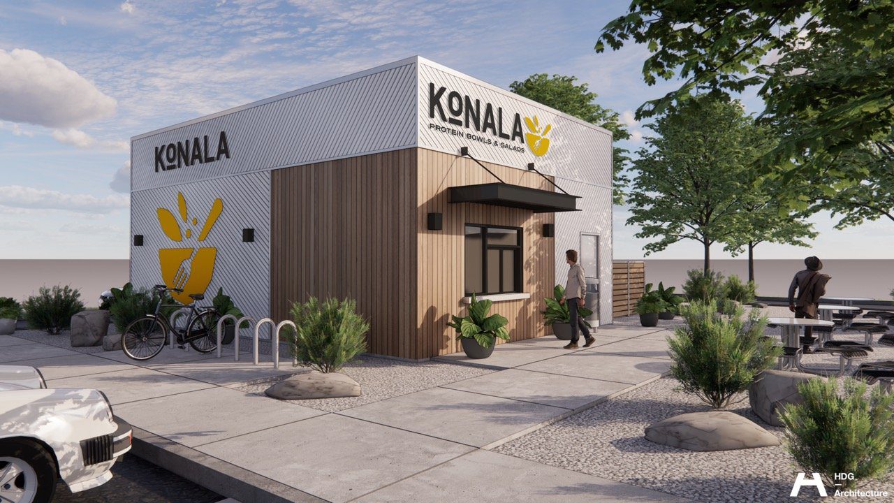 Architectural rendering of a Konala modular drive-through and walk-up location exterior with outdoor seating