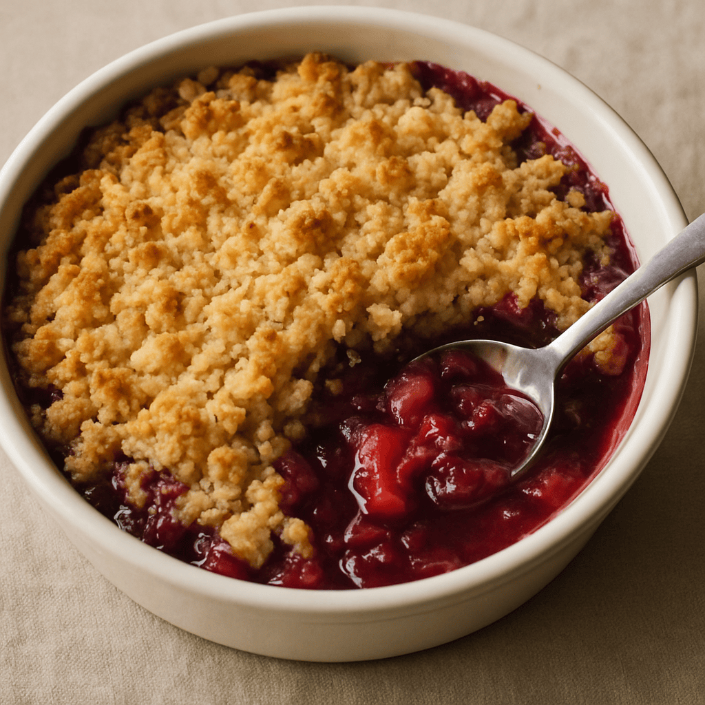 A delicious crumble dessert with a golden, crunchy topping and juicy fruit filling