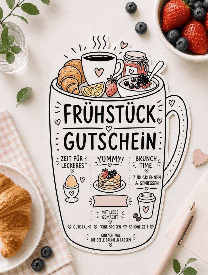 Gutschein Brunch und Frühstück in coolem Kaffeepot Design zum Ausdrucken und Basteln