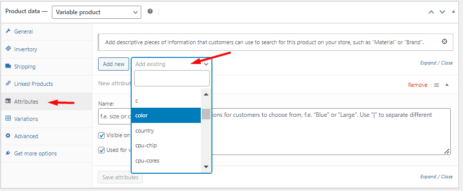 add attributes for WooCommerce variable products