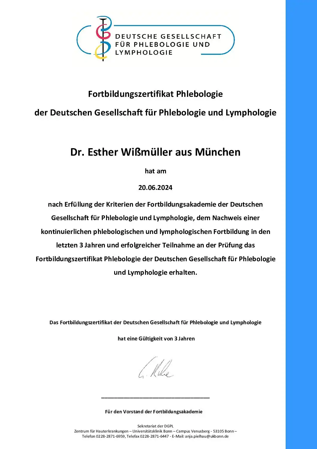 Phlebologie Fortbildungszertifikat Dr. Esther Wißmüller