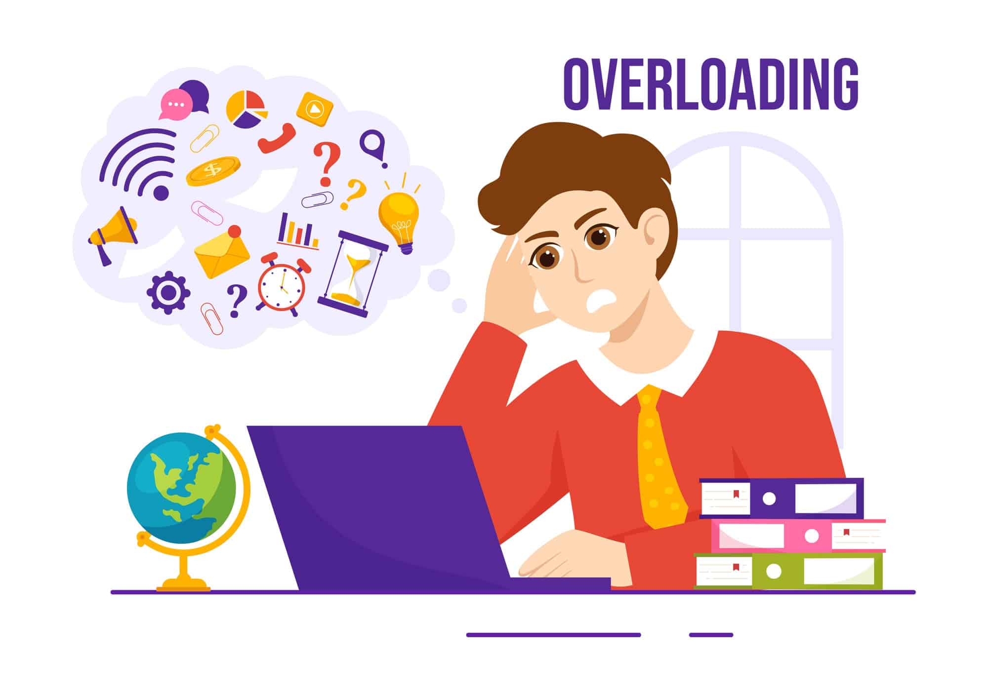 Overloading Vector Illustration with Busy work and Multitasking Employee to Finish Many Documents or Digital Information in Hand Drawn Templates