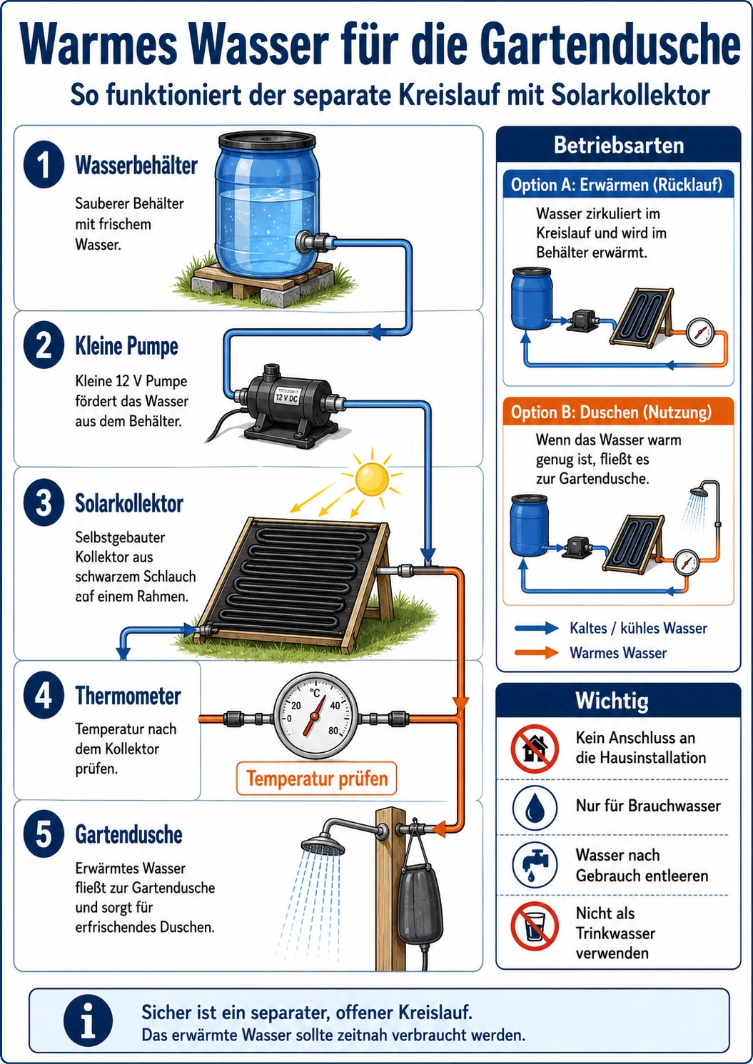 Solarkollektor mit Gartendusche verbinden