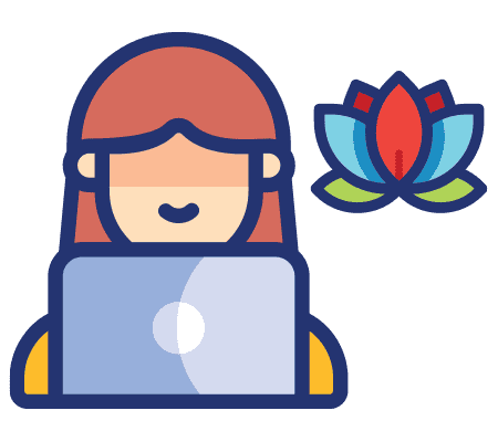 Icon of a woman working on a laptop with a lotus flower, representing calm productivity