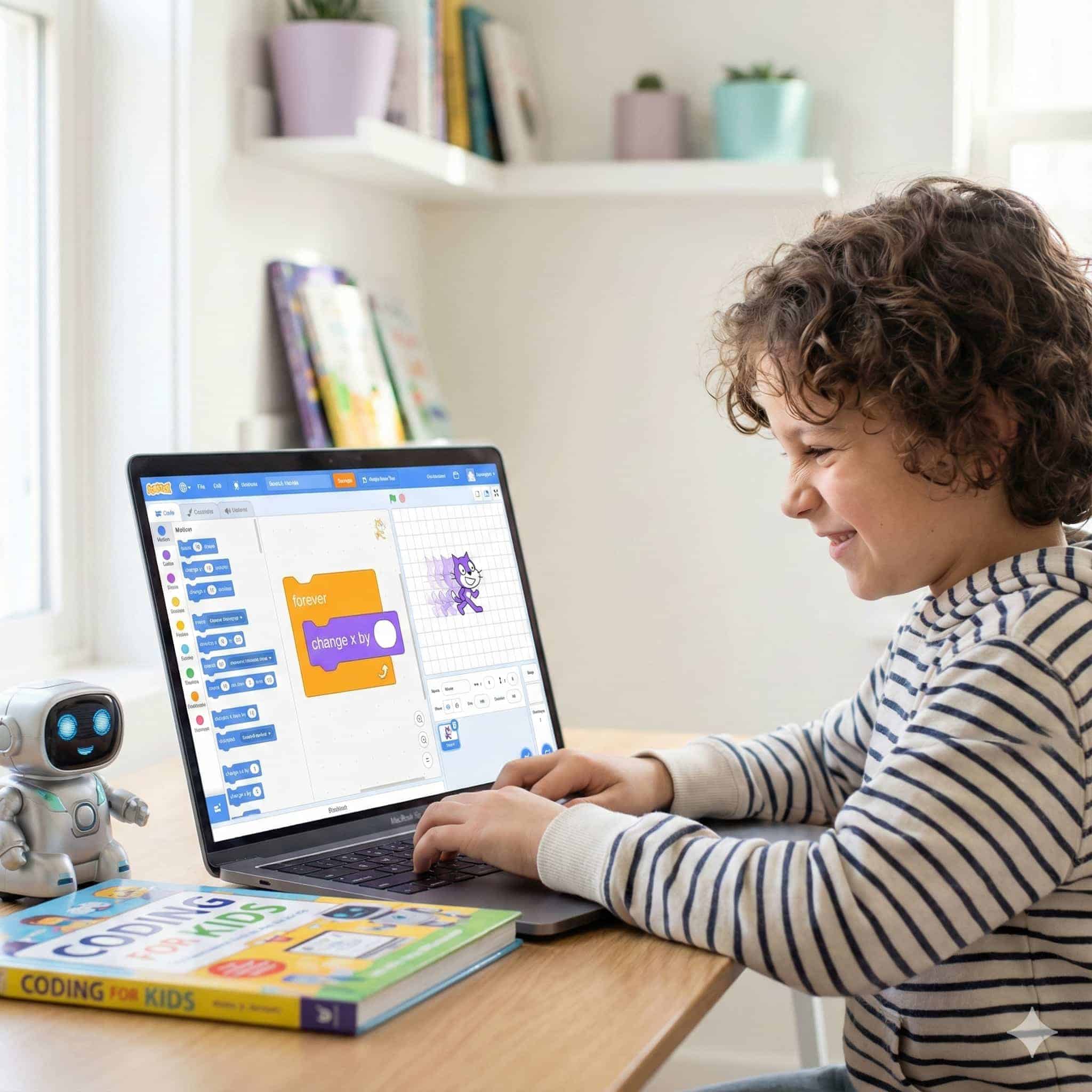 Scratch programming tutorial showing smooth sprite movement with code blocks and animated character demonstrating velocity-based motion control