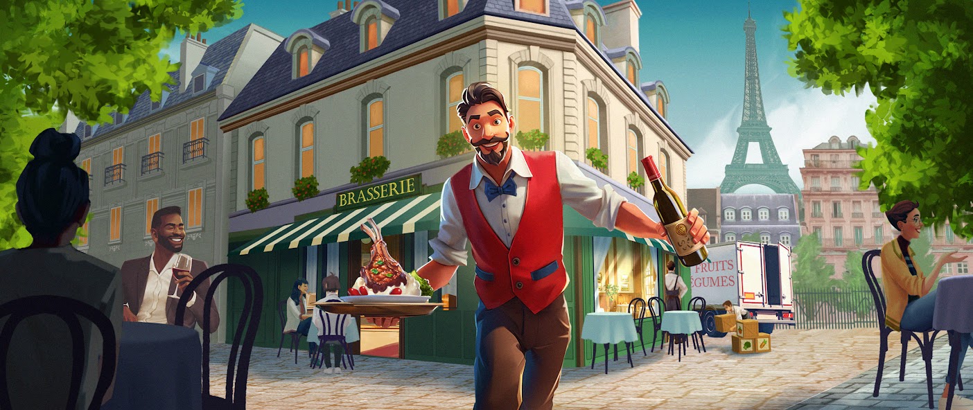 Chauffeur de serveur en terrasse de brasserie à Paris avec la Tour Eiffel en arrière-plan, proposant un environnement de jeu immersif sur Air-Gaming, plateforme de jeux vidéo en ligne.