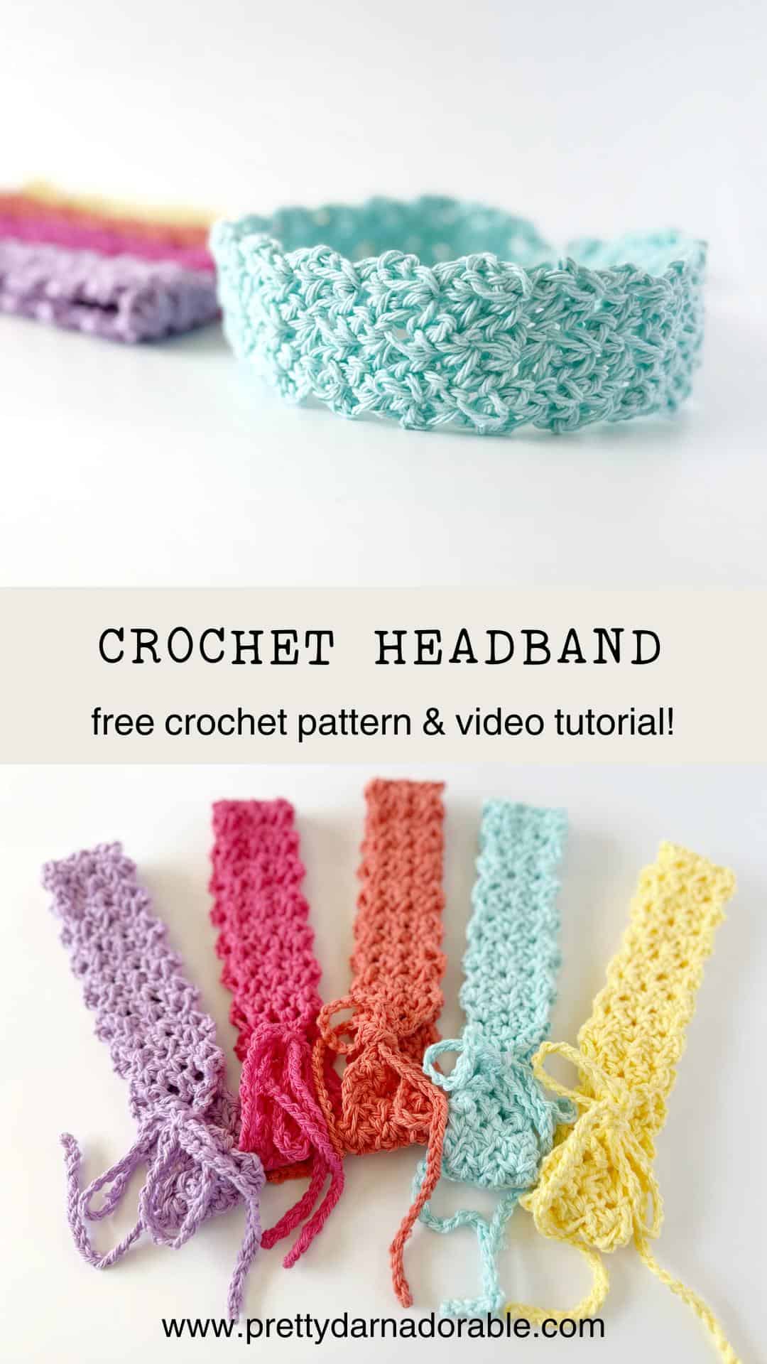 Aqua colour lace texture crochet headband with tie at the back stack of other hairbands in different colours