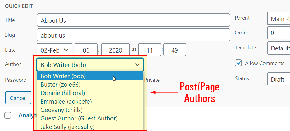WordPress change page author via quick edit form