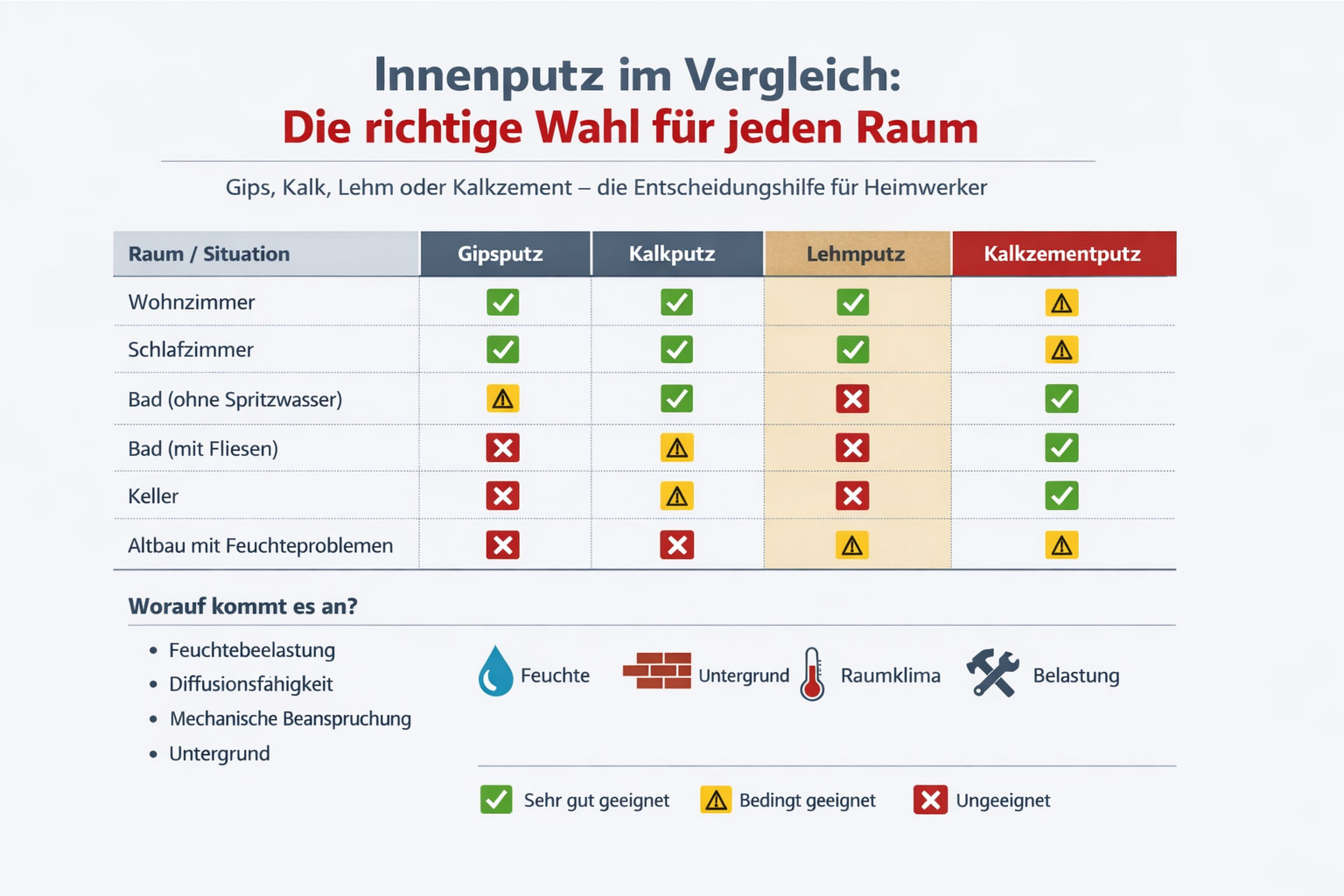 Vergleichsgrafik zeigt, welcher Innenputz für Wohnzimmer, Bad, Keller oder Altbau geeignet ist