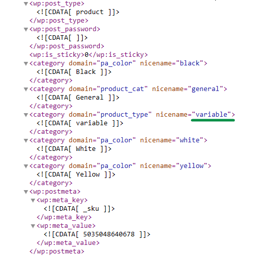 Exported WooCommerce variable product xml file