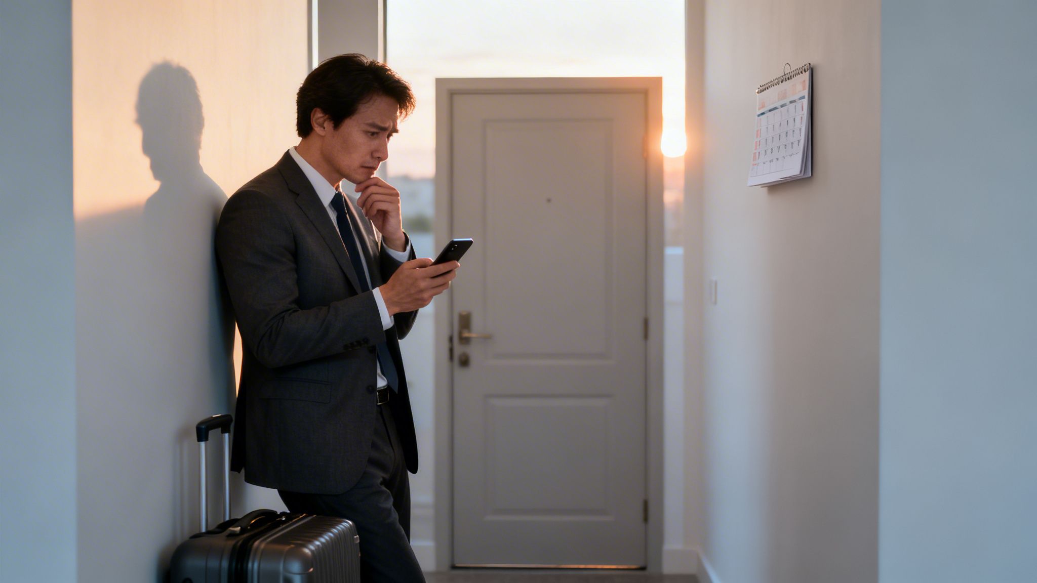 Car Service To Airport: 5 Steps for Quiet, Flawless Travel 1 A thoughtful businessman in a suit leans on a wall, checking his phone beside a suitcase.