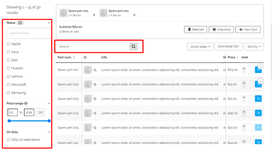 Search and filter bar