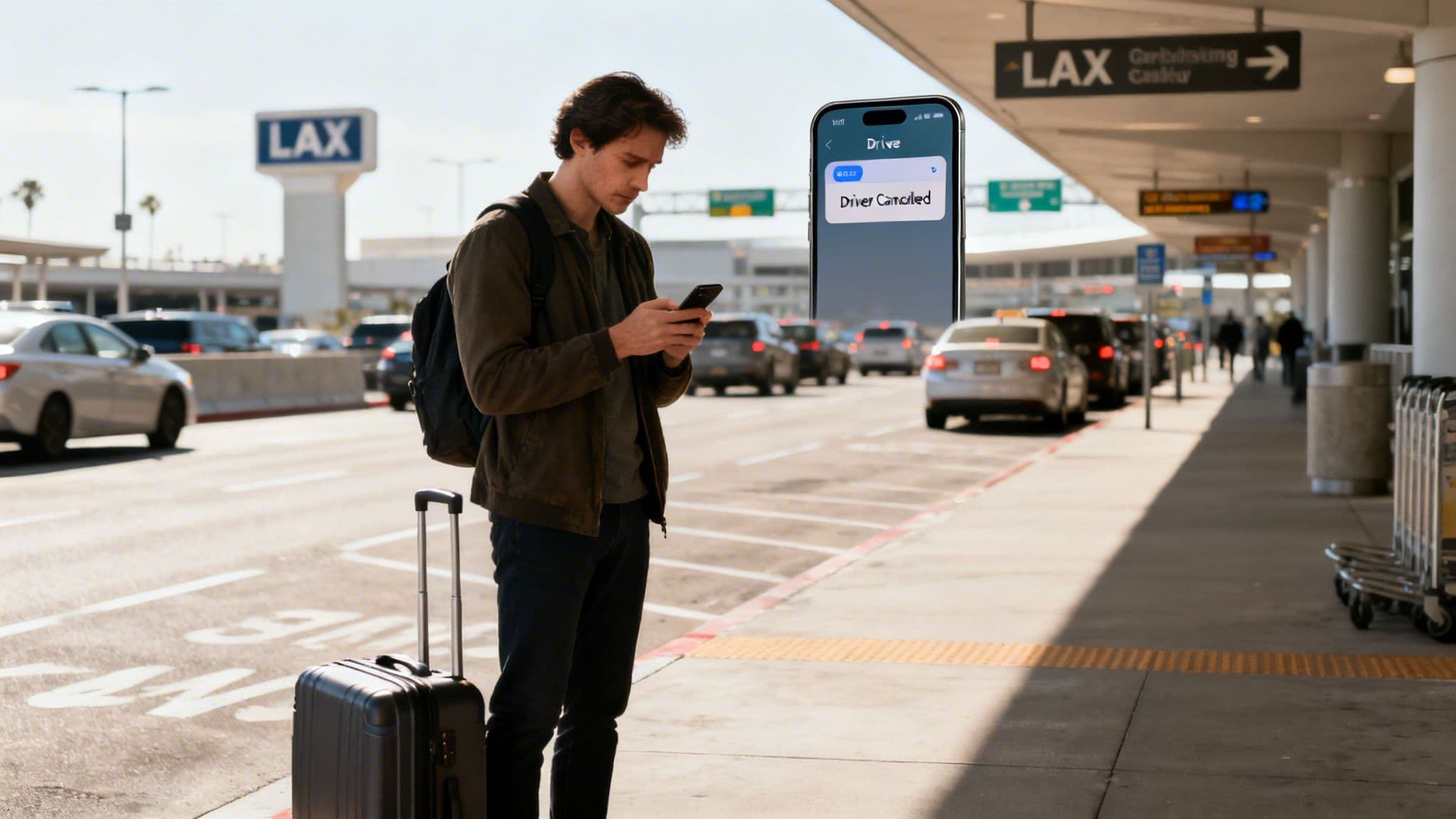 The Real Reason Your LAX Arrival Feels So Unpredictable (It's Not You) 1 A traveler at LAX airport curb looking at his phone with a "Driver Cancelled" message from a ride-sharing app.