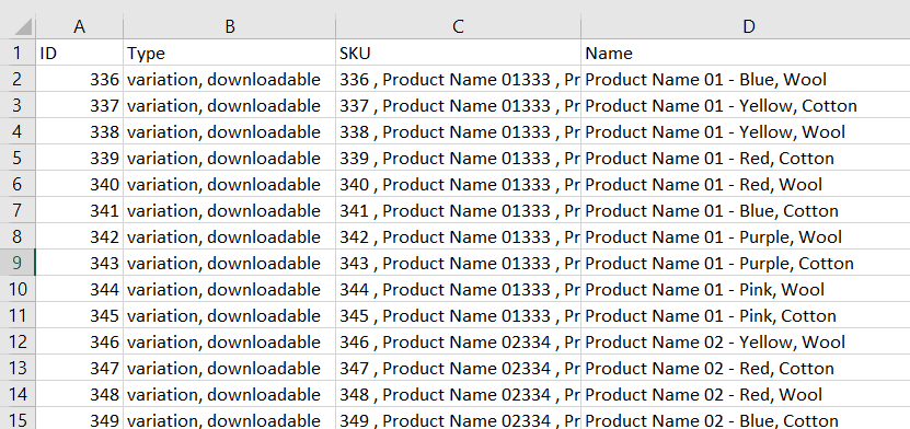 Exported product variations in WooCommerce