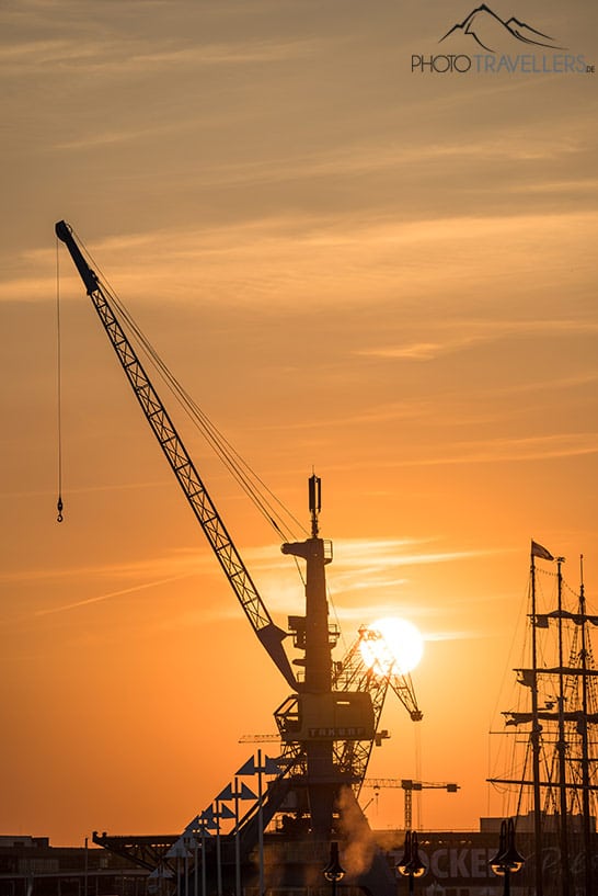Hafenkräne in Rostock im Gegenlicht