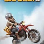 Vétéran motocycliste avec casque et lunettes, chevauchant une moto vintage avec drapeau américain, dévalant une montagne poussiéreuse pour un jeu d'action et aventure dans l'univers de Bike Baron II.