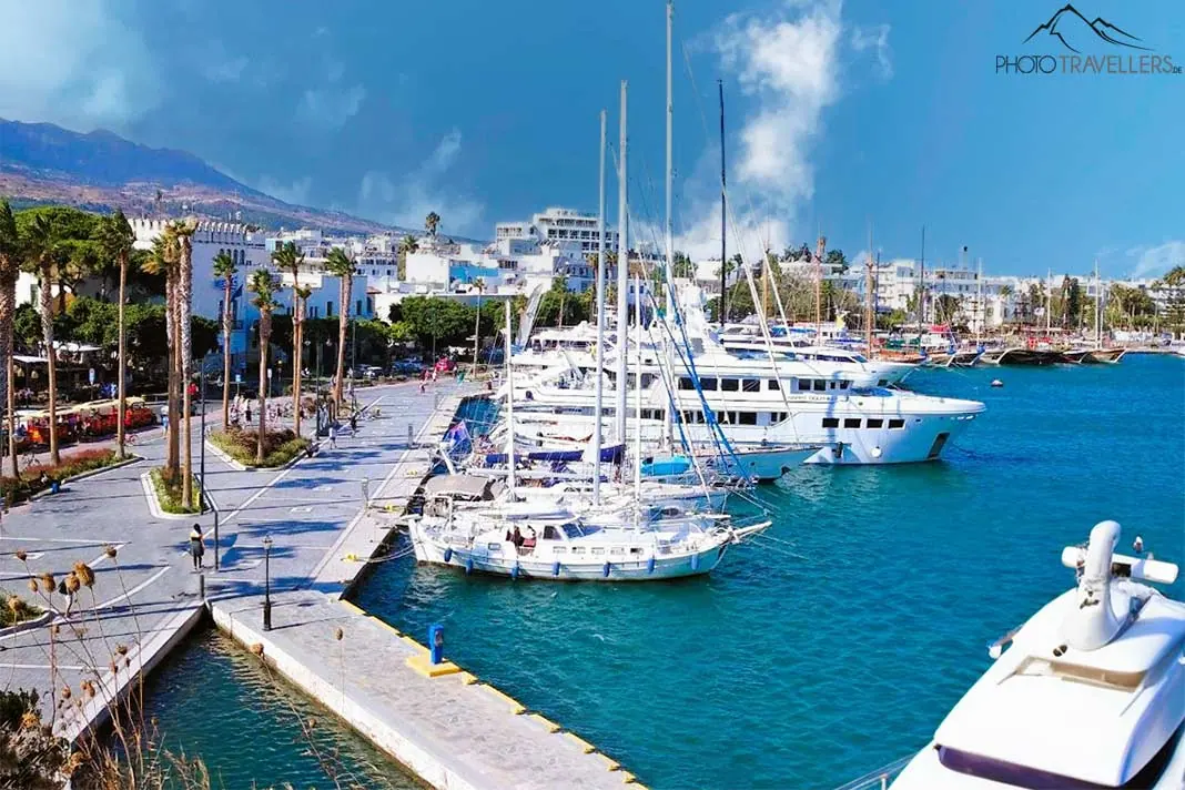 Weiße Boote ankern an der mit Palmen gesäumten Promenade am Mandraki-Hafen
