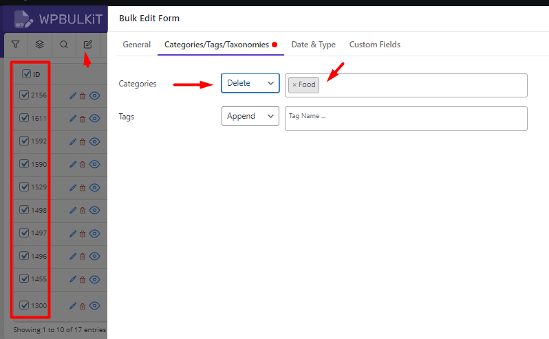 mark all products and delete food categories in bulk edit form