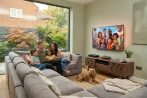 Happy family watching tv together A happy family sat on a sofa after a new tv has been supplied and installed