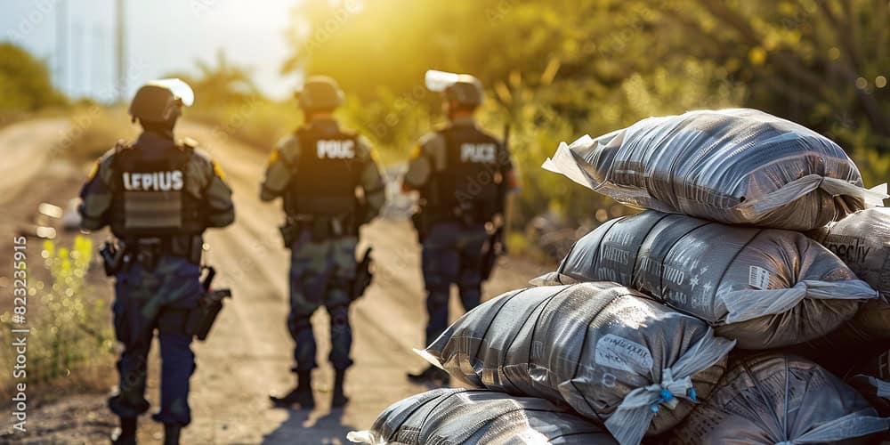 Police have disrupted a drug smuggling operation at the border. Concept for drug smuggling, border security, law enforcement, police operation, criminal investigation