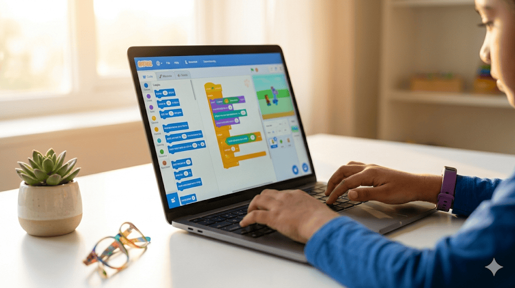 Child coding on a laptop during a summer coding program for kids