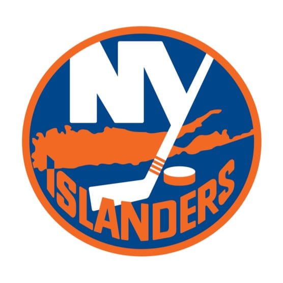New York Islanders hockey team logo featuring "NY," a hockey stick, puck, and an orange silhouette of Long Island inside a blue and orange circle.