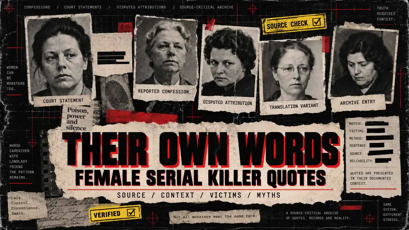 Collage of female serial killers' mugshots with quotes and labels from their confessions.