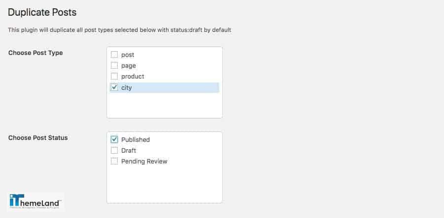 Bulk Duplicate Settings - post type and status