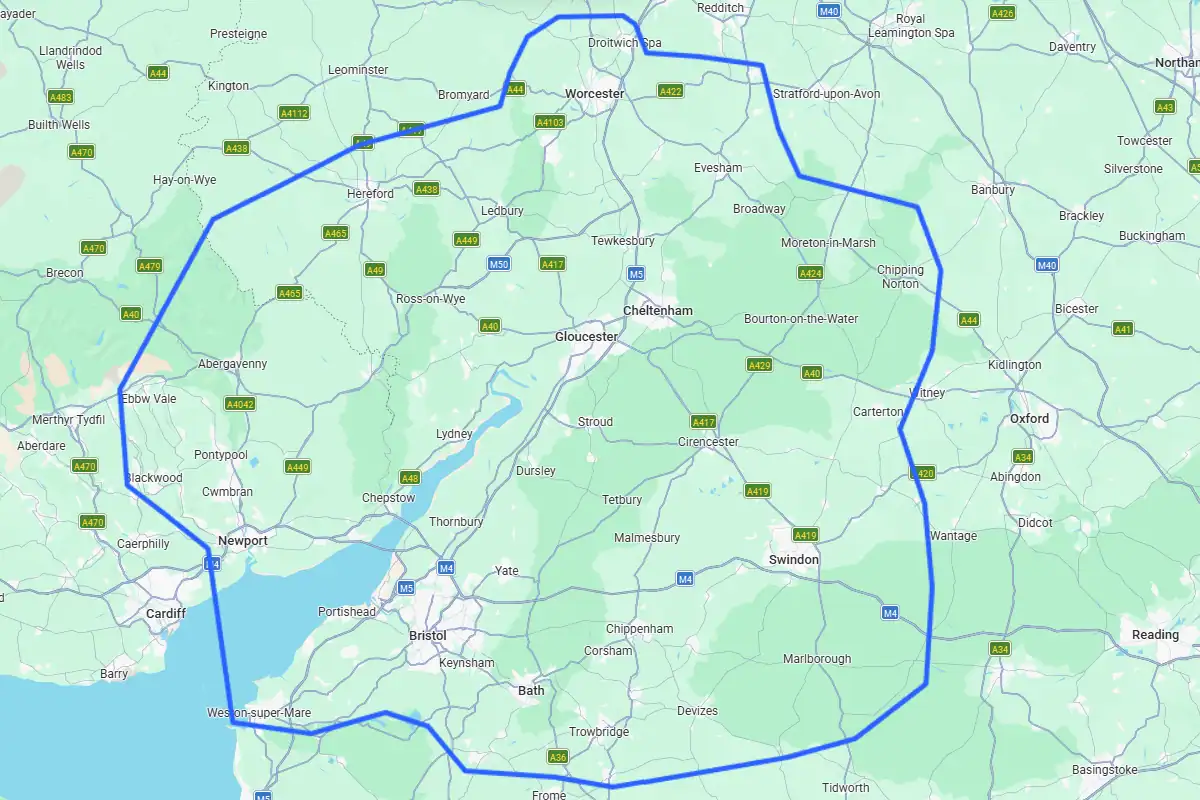 Map highlighted areas we cover TV aerial installation areas across Gloucestershire and surrounding counties