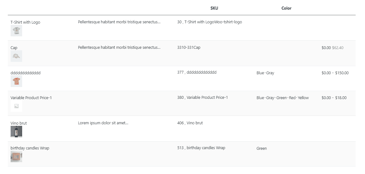 Result look of selected columns in product table plugin