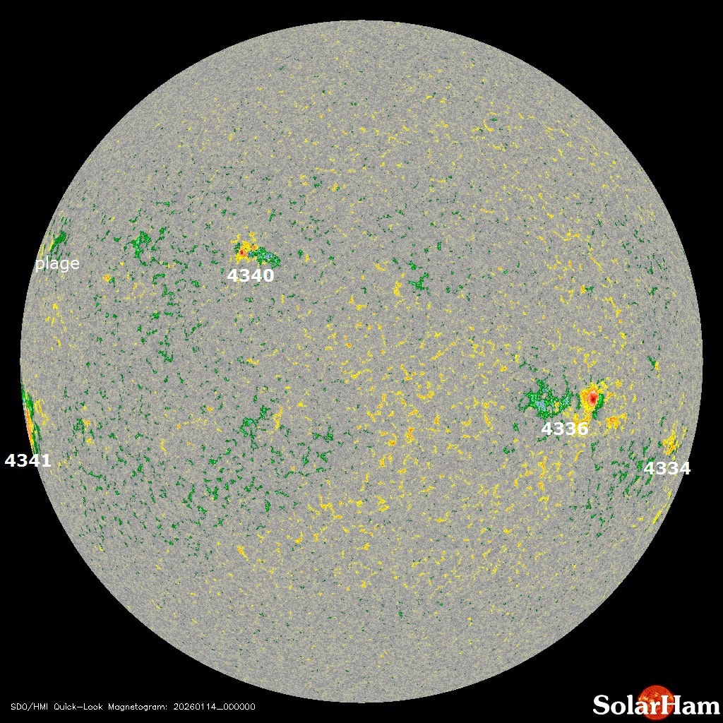 Aktueller Weltraumwetterbericht – 14. Januar 2026 4 Sonnenaufnahme SDO 14. Januar 2026 mit aktiven Regionen AR4336 AR4341