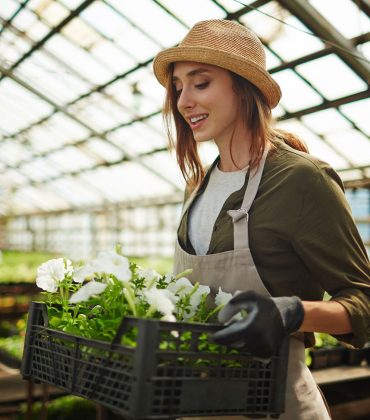 Woman in a greenhouse wearing a hat and apron, holding a black crate with white flowers, smiling.