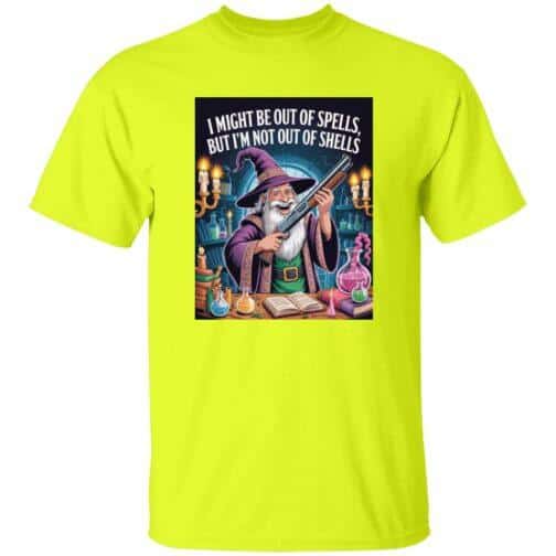 1049-15360-107792348 Safety green t-shirt featuring a funny wizard with a shotgun graphic. The text reads "I might be out of spells, but I'm not out of shells," perfect for D&D gamers and fans of fantasy RPGs.