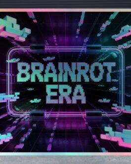 Brainrot Era holographic sticker with glitch art design. Retro gaming pixel art decal, ideal for laptops, phones, and water bottles. Features vibrant purple and teal tones, embodying Gen Z aesthetic.