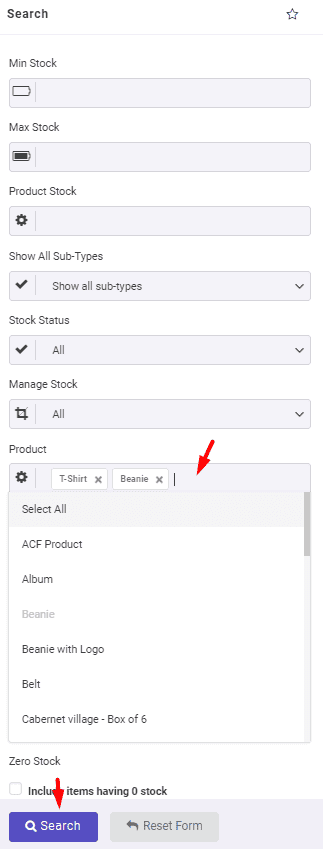Select T-shirt and Beanie options for Product field in WooCommerce report search form