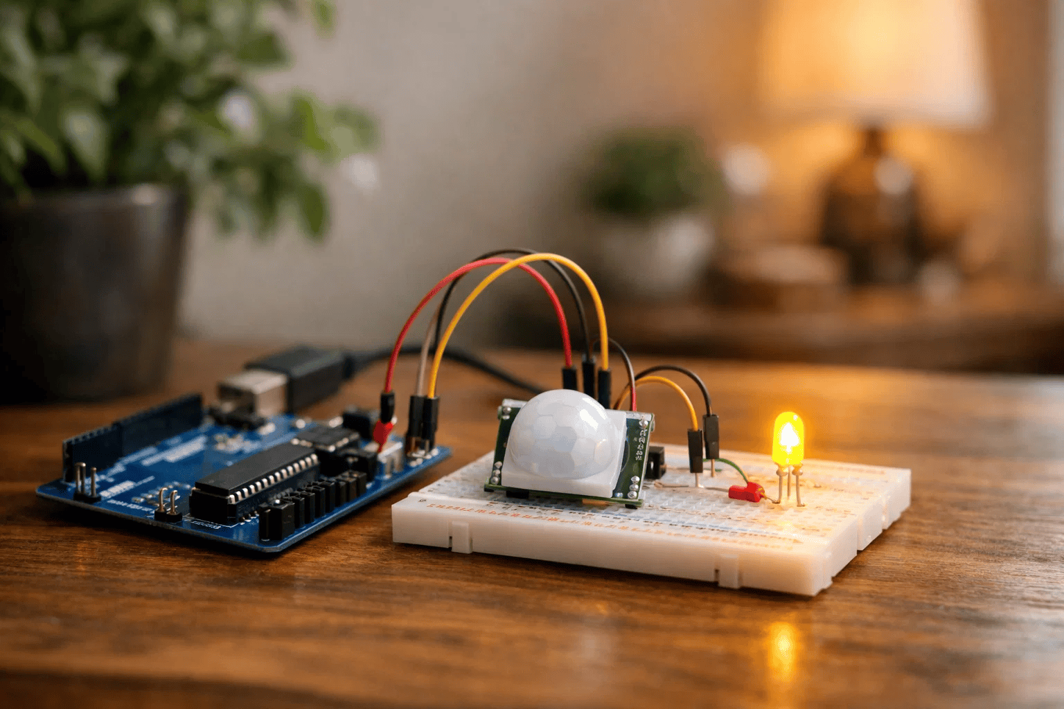 Completed motion-activated LED light beginner IoT project showing PIR sensor and Arduino circuit in home setting