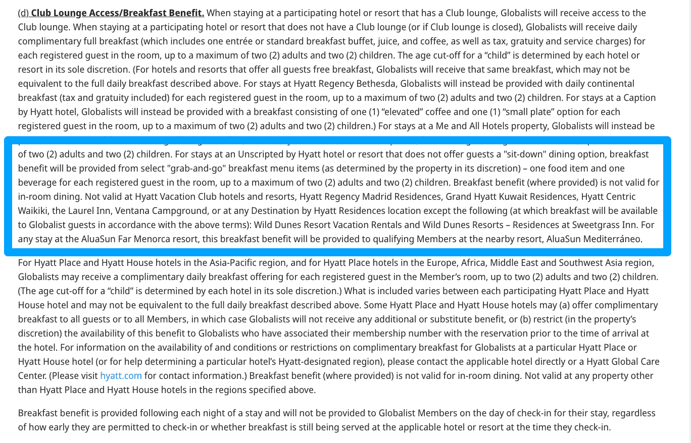 Hyatt Globalist Benefits: What You Actually Get, Where It Works 4 Screenshot with added exceptions for Globalist about breakfast at certain brands with World of Hyatt Terms & Conditions