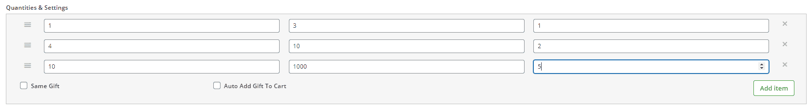 quantities and settings section to setup offer free gifts based on tiered quantity method