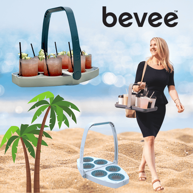 Sand Water Blue Skies Palm Trees Woman holding a BEVEE and BEVEE Products