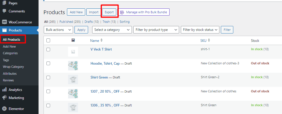 go to All Products and then press the Export button on top WooCommerce products bulk edit plugin