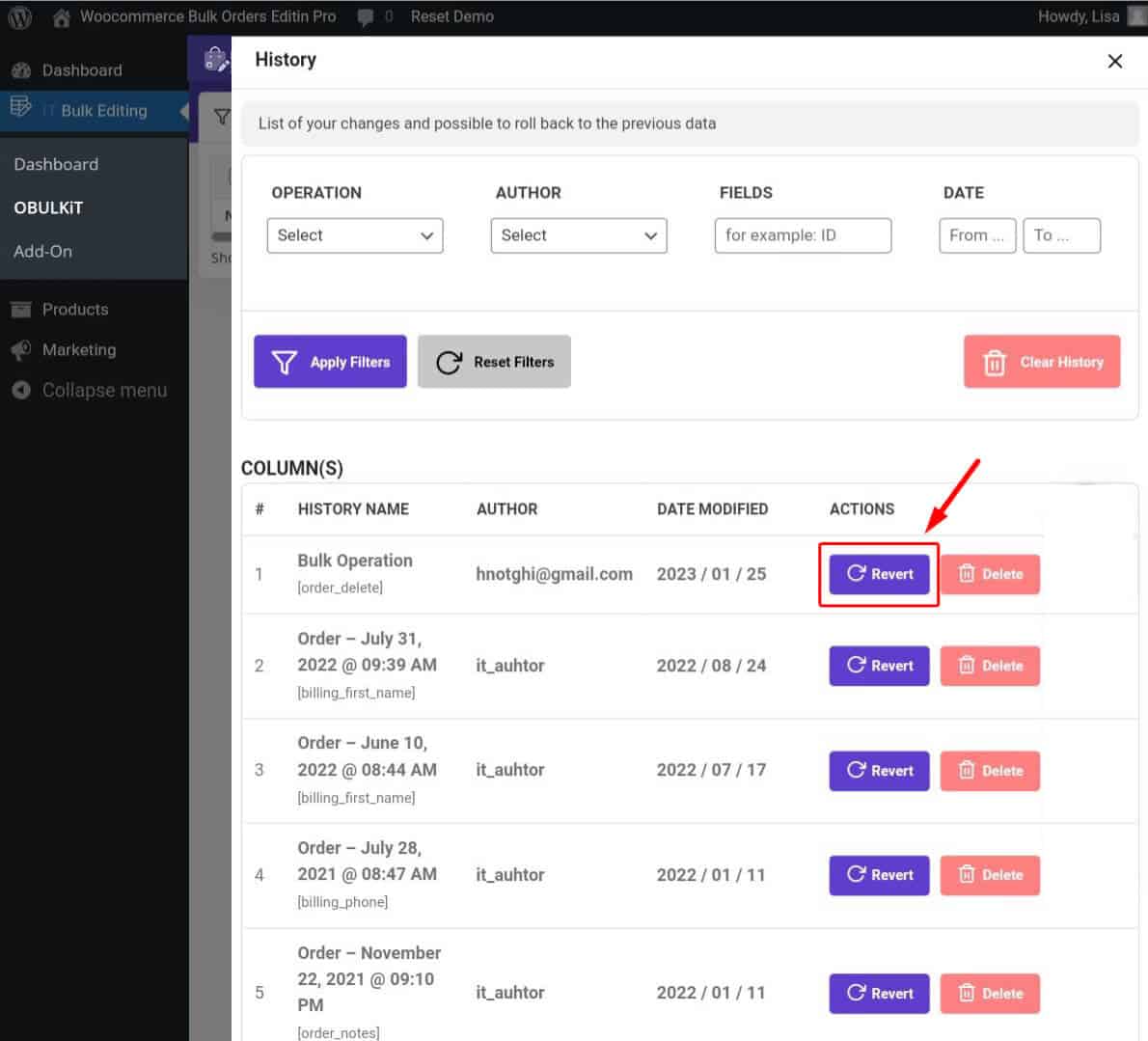 select revert on history tab