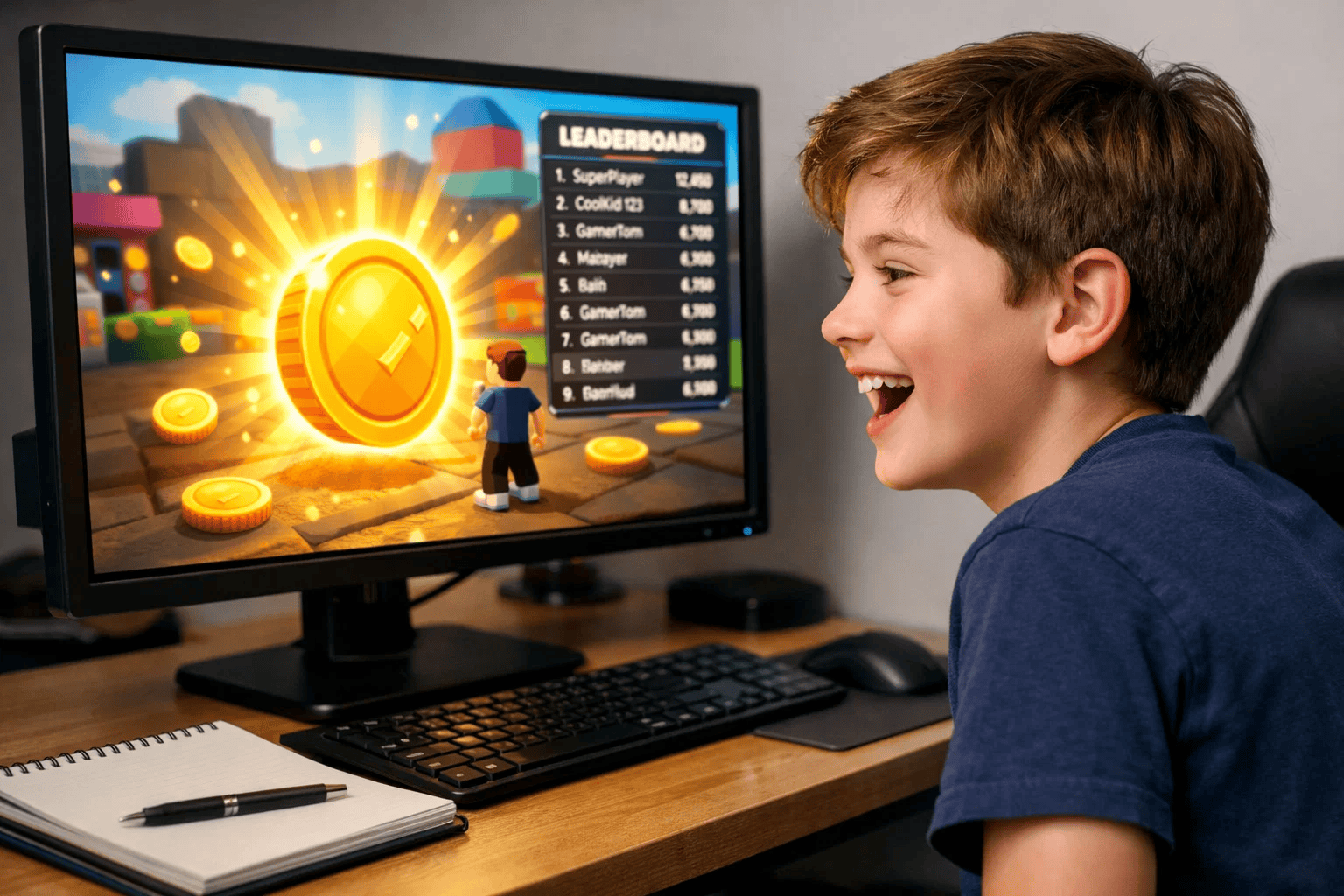 Young creator building a Roblox simulator game with coins and a leaderboard in Roblox Studio