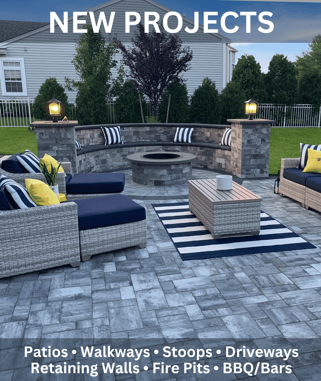 Outdoor patio with gray stone pavers, a circular fire pit, and wicker seating with striped cushions. Text reads: "New Projects" and lists various construction services.