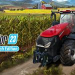 Farming Simulator 23 Nintendo Switch Edition, scène agricole avec un tracteur rouge en action dans un paysage champêtre détaillé.