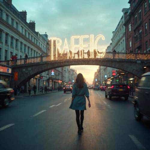 seo services ireland Woman walking city street under illuminated 'TRAFFIC' sign bridge.