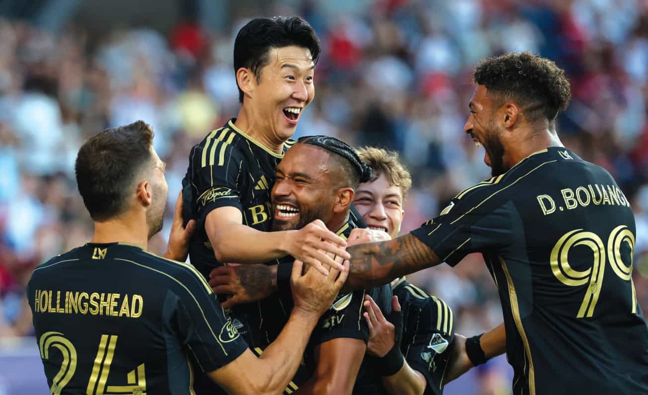 Son Heung-Min MLS debut goal celebration with LAFC teammates Denis Bouanga, Eddie Segura, Ryan Hollingshead, and Nathan Ordaz at Toyota Stadium in Frisco, Texas on August 23.