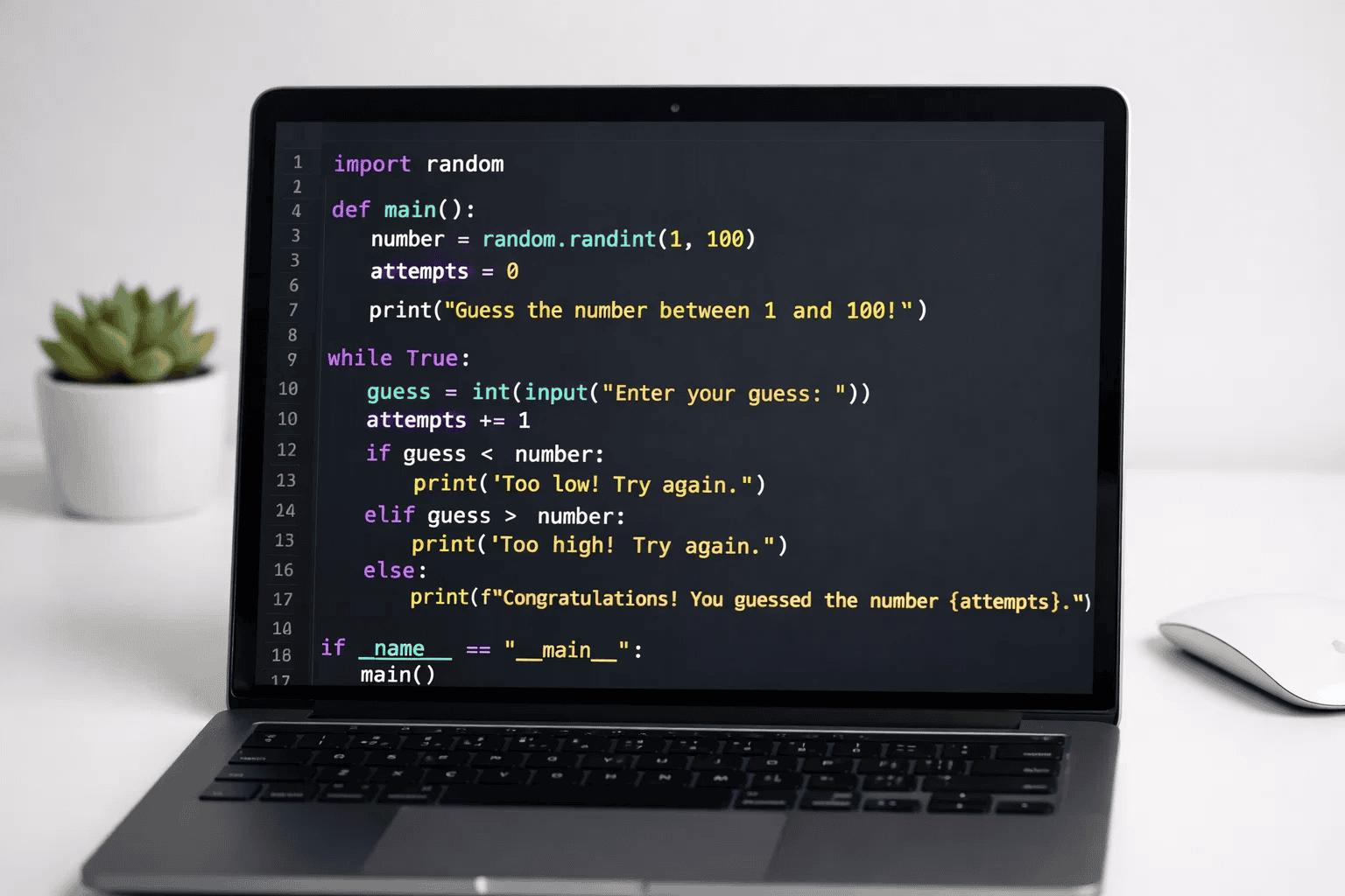 Python code editor showing beginner-friendly number guessing game challenge with colorful syntax highlighting on modern laptop screen