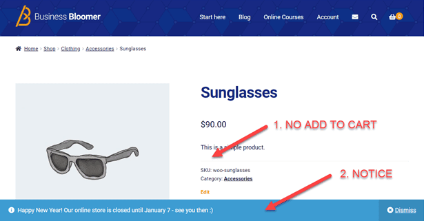 result of remove add to cart and checkout in product pages and showing some messages